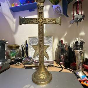 Antique Cast Brass Pedestal Altar standing Crucifix Cross 19 century
